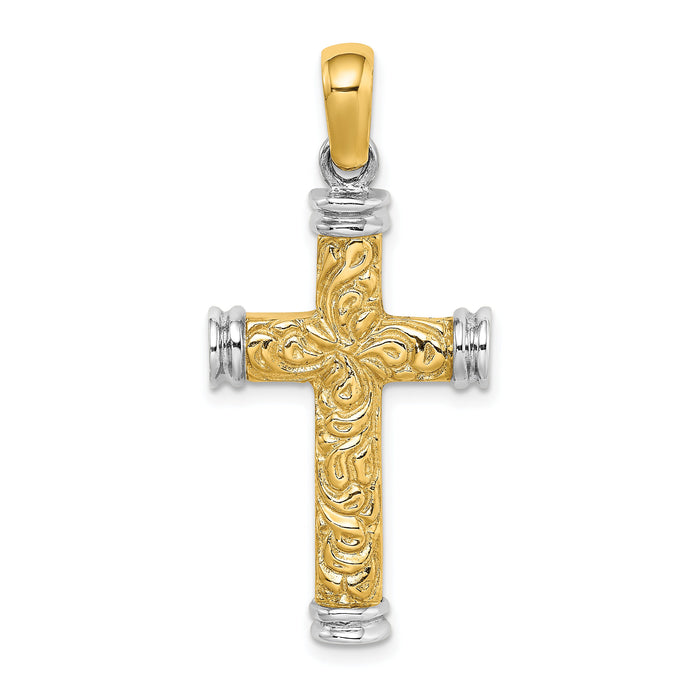 14K w/Rhodium Scroll and Double Endcaps Cross Charm-K9746