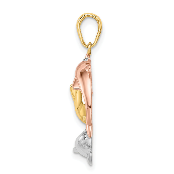 14k Tri-color Triple Dolphin Circle Pendant-K9778