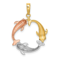 14k Tri-color Triple Dolphin Circle Pendant-K9778