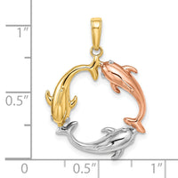 14k Tri-color Triple Dolphin Circle Pendant-K9778