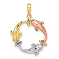 14k Tri-color Triple Dolphin Circle Pendant-K9778