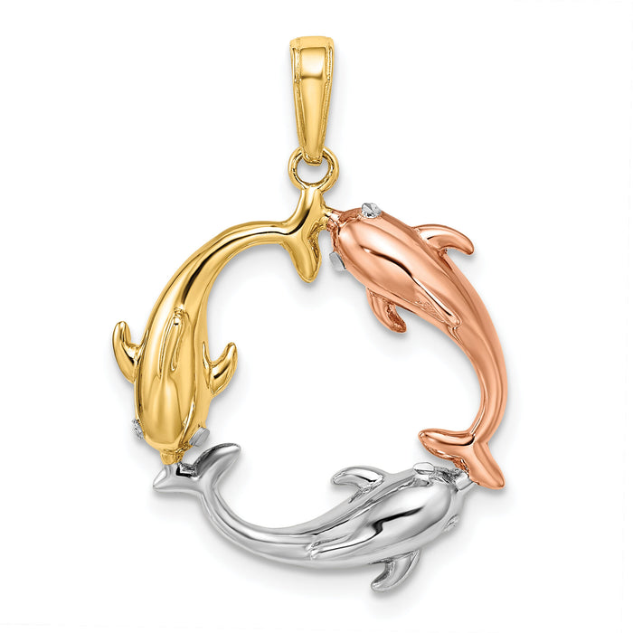 14k Tri-color Triple Dolphin Circle Pendant-K9778
