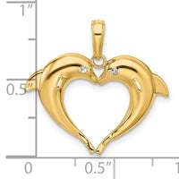 14k w/Rhodium Double Dolphin Heart Pendant-K9780