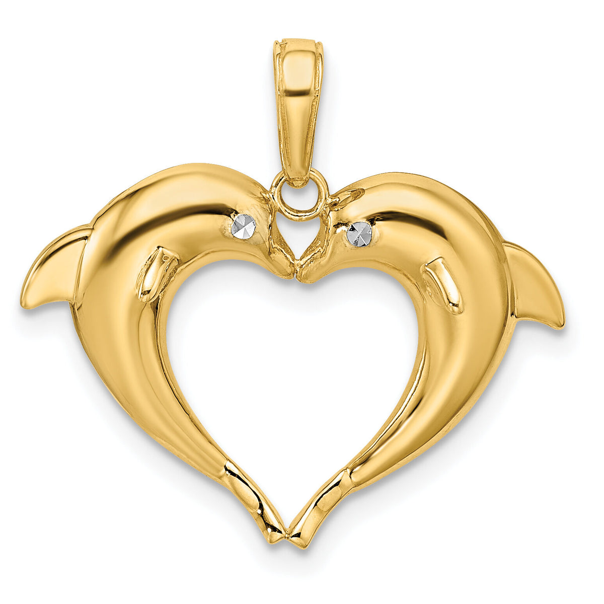 14k w/Rhodium Double Dolphin Heart Pendant-K9780
