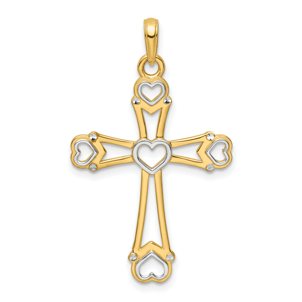 14K w/Rhodium D/C Cross w/Hearts Pendant-K9790