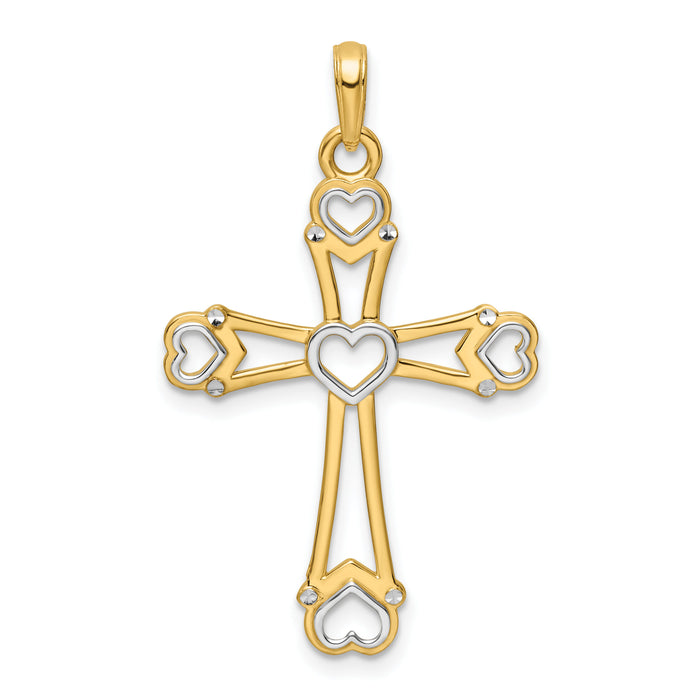 14K w/Rhodium D/C Cross w/Hearts Pendant-K9790