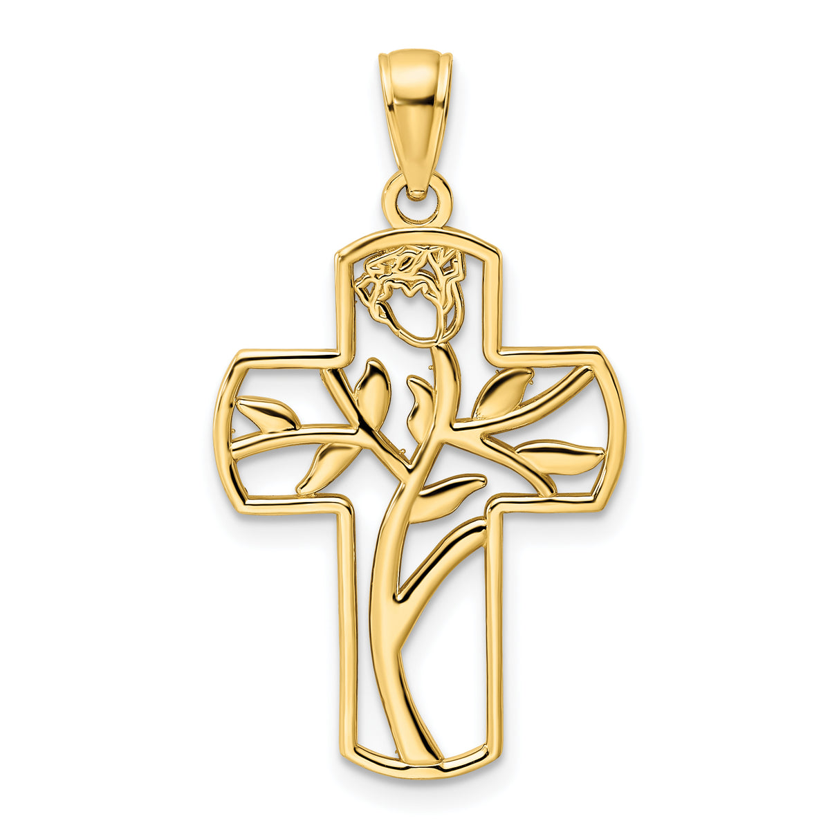 14K Polished Flower Design Cross Pendant-K9815