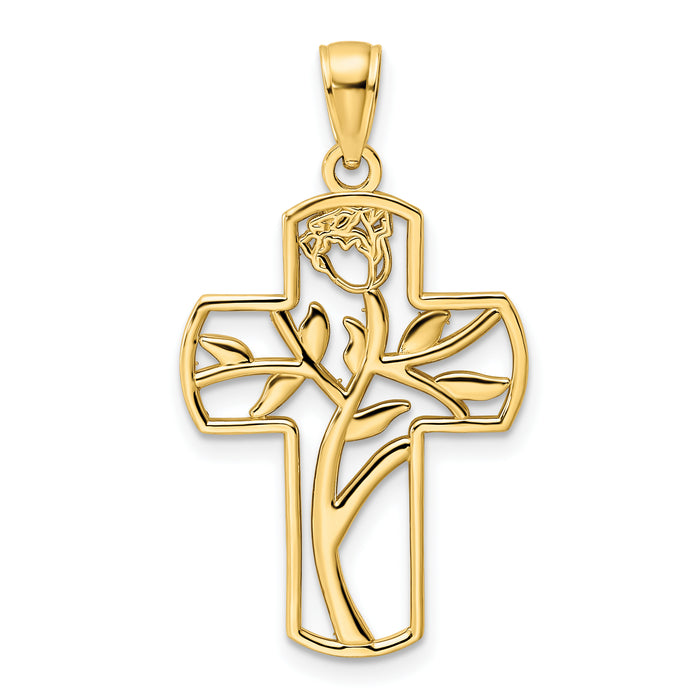 14K Polished Flower Design Cross Pendant-K9815