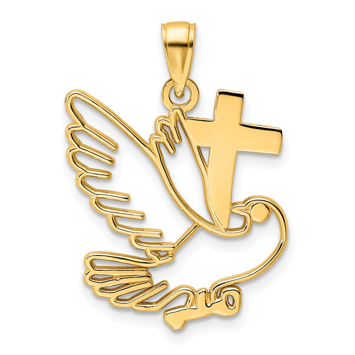 14K Polished Dove and Cross Pendant-K9820