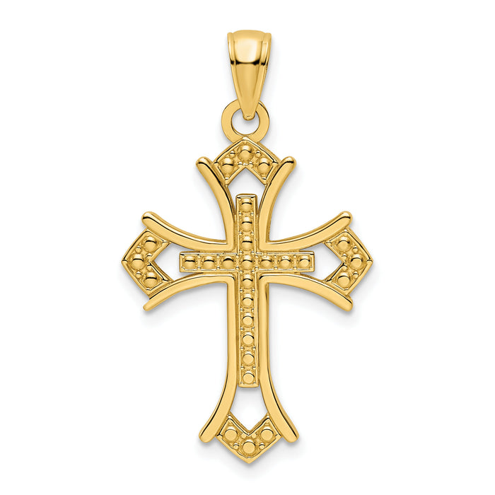 14K Polished Beaded Cross Pendant-K9847
