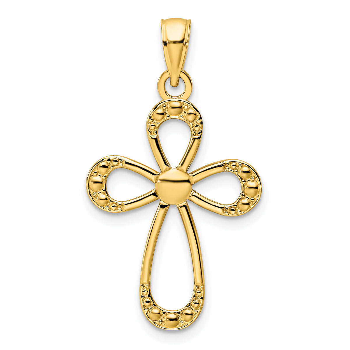 14K Polished Beaded Cross Pendant-K9856