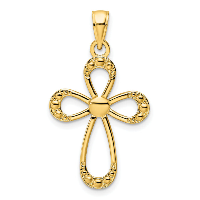 14K Polished Beaded Cross Pendant-K9856