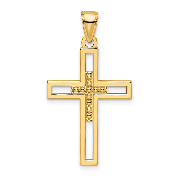 14k Beaded & Polished Double Cross Pendant-K9892