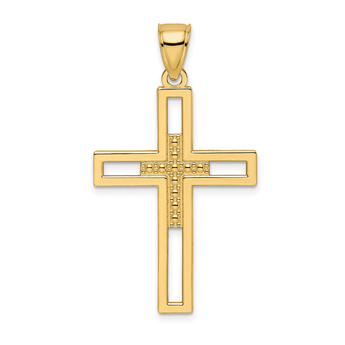 14k Beaded & Polished Double Cross Pendant-K9893