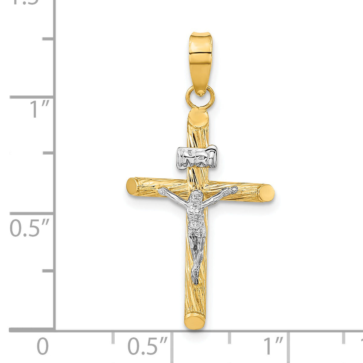 14K w/White Rhod Polished & Textured INRI Crucifix Cross Pendant-K9965