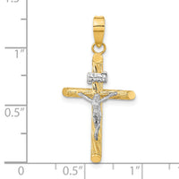 14K w/White Rhod Polished & Textured INRI Crucifix Cross Pendant-K9965