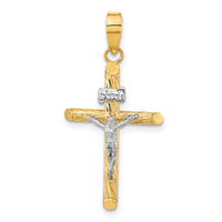 14K w/White Rhod Polished & Textured INRI Crucifix Cross Pendant-K9965