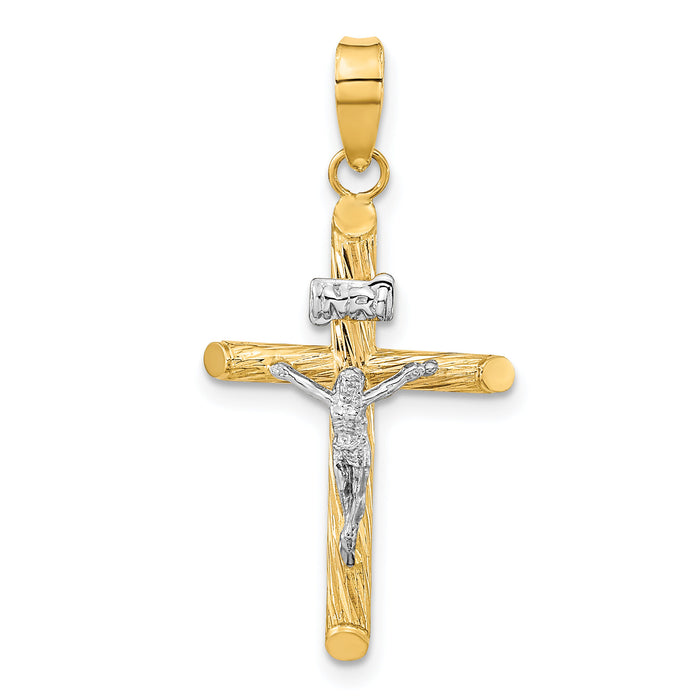 14K w/White Rhod Polished & Textured INRI Crucifix Cross Pendant-K9965