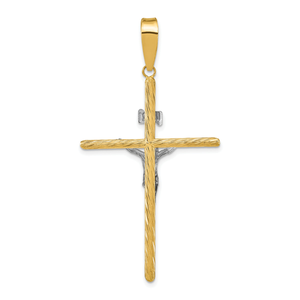 14K w/White Rhod Polished & Textured INRI Crucifix Cross Pendant-K9966