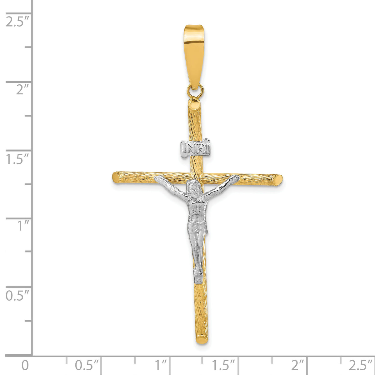 14K w/White Rhod Polished & Textured INRI Crucifix Cross Pendant-K9966