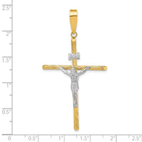 14K w/White Rhod Polished & Textured INRI Crucifix Cross Pendant-K9966