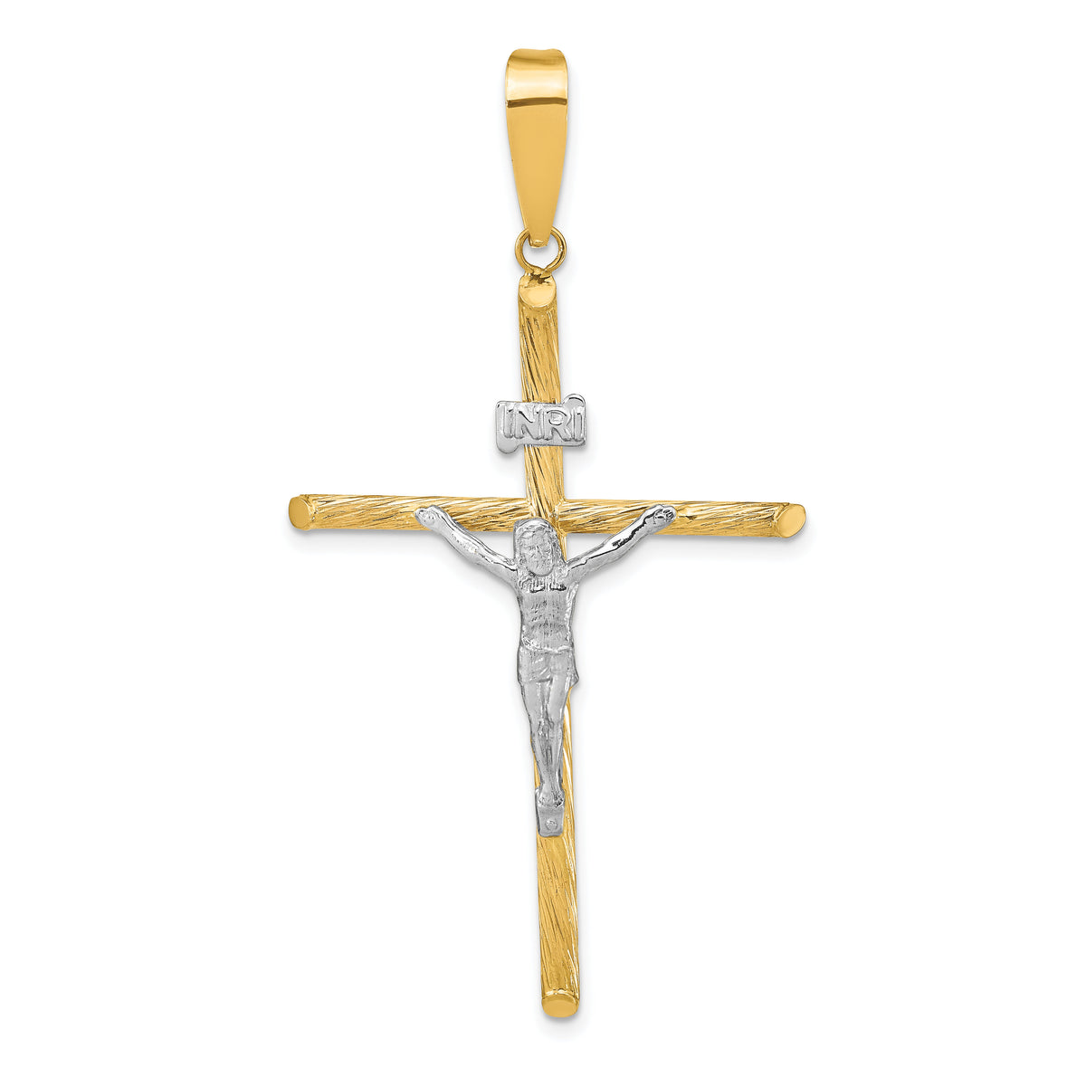 14K w/White Rhod Polished & Textured INRI Crucifix Cross Pendant-K9966