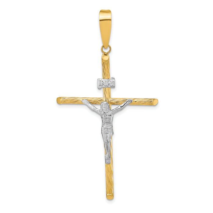 14K w/White Rhod Polished & Textured INRI Crucifix Cross Pendant-K9966