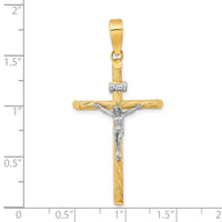 14K w/White Rhod Polished & Textured INRI Crucifix Cross Pendant-K9967