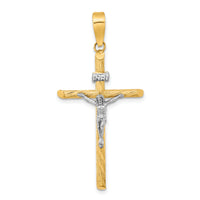 14K w/White Rhod Polished & Textured INRI Crucifix Cross Pendant-K9967