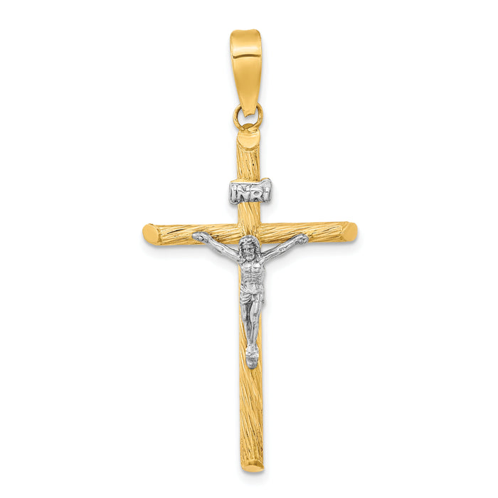 14K w/White Rhod Polished & Textured INRI Crucifix Cross Pendant-K9967