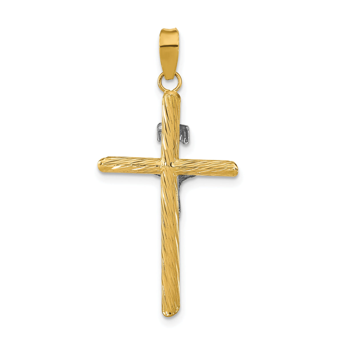 14K w/White Rhod Polished & Textured INRI Crucifix Cross Pendant-K9968