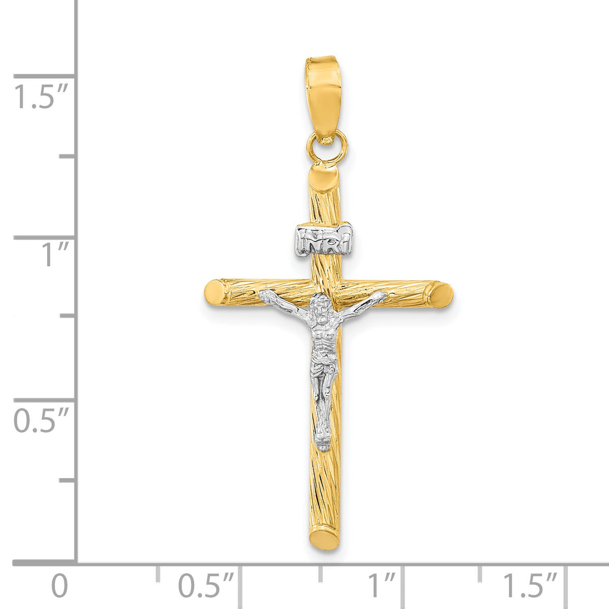 14K w/White Rhod Polished & Textured INRI Crucifix Cross Pendant-K9968