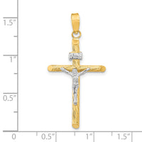 14K w/White Rhod Polished & Textured INRI Crucifix Cross Pendant-K9968