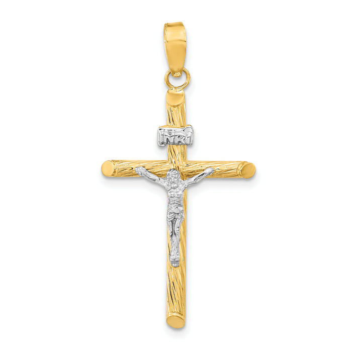 14K w/White Rhod Polished & Textured INRI Crucifix Cross Pendant-K9968