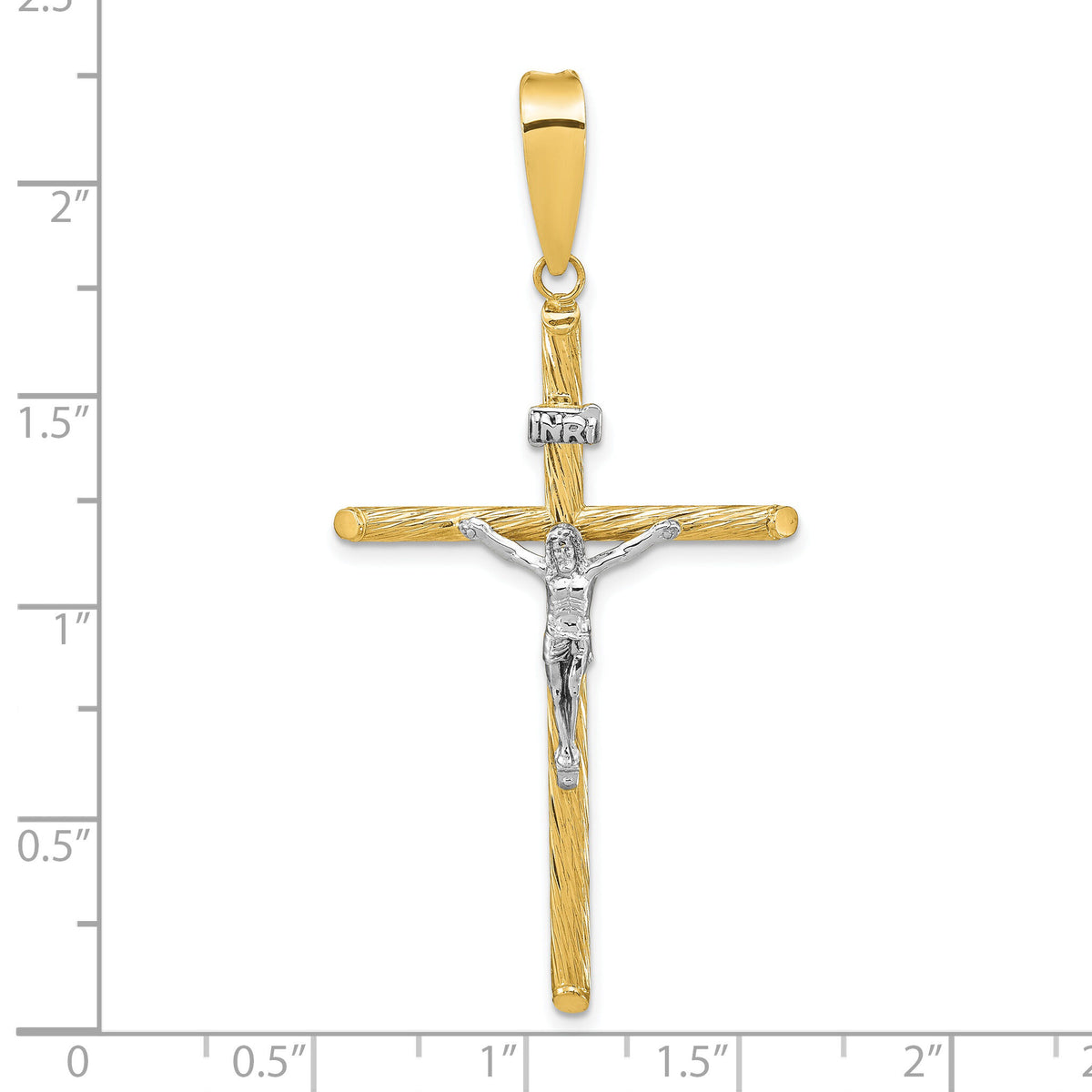 14K w/White Rhod Polished & Textured INRI Crucifix Cross Pendant-K9969