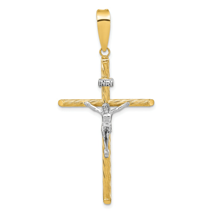 14K w/White Rhod Polished & Textured INRI Crucifix Cross Pendant-K9969