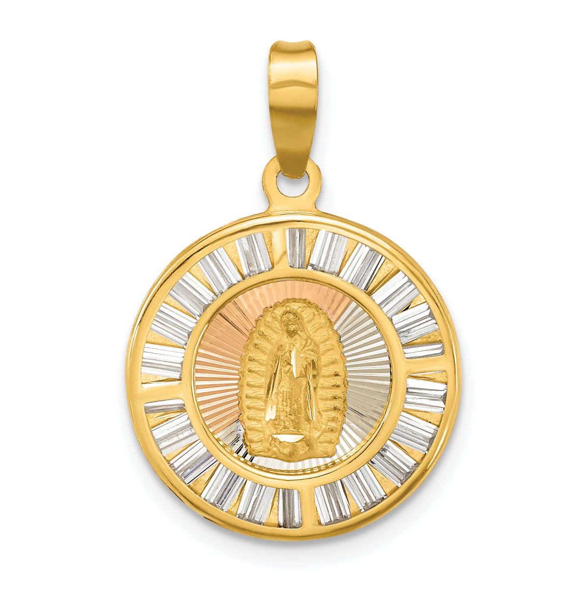 14K Rose and White-plated Polished CZ Baguettes Mary Round Pendant-K9971