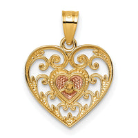 14k Two-tone Polished And Textured Fancy Heart In Heart Pendant-K9993