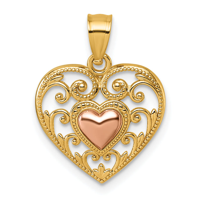 14k Two-tone Polished And Textured Fancy Heart In Heart Pendant-K9993