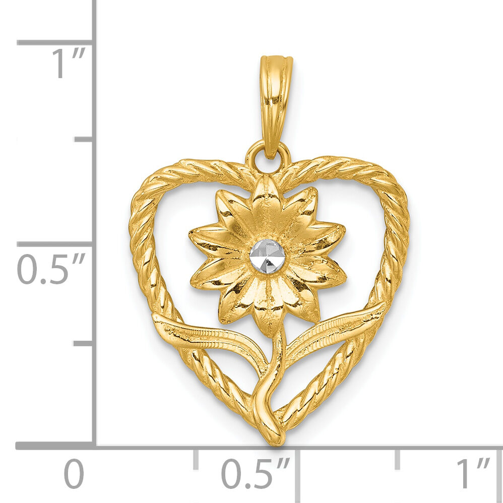 14k with White Rhodium Polished Flower In Heart Charm-K9997
