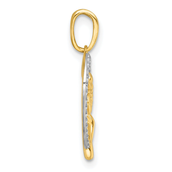 14k with White Rhodium Polished Flower On Heart Charm-K9998