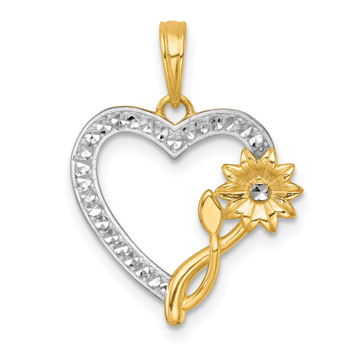 14k with White Rhodium Polished Flower On Heart Charm-K9998