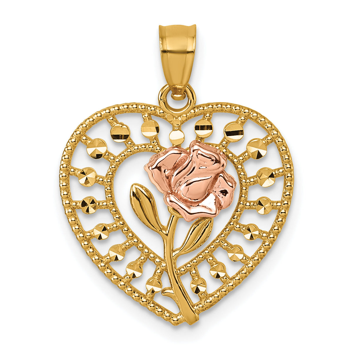 14k Two-tone Diamond Cut Polished Rose In Heart Pendant-K9999