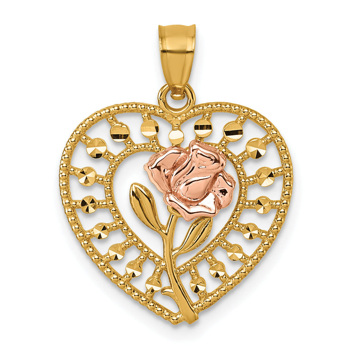 14k Two-tone Diamond Cut Polished Rose In Heart Pendant-K9999