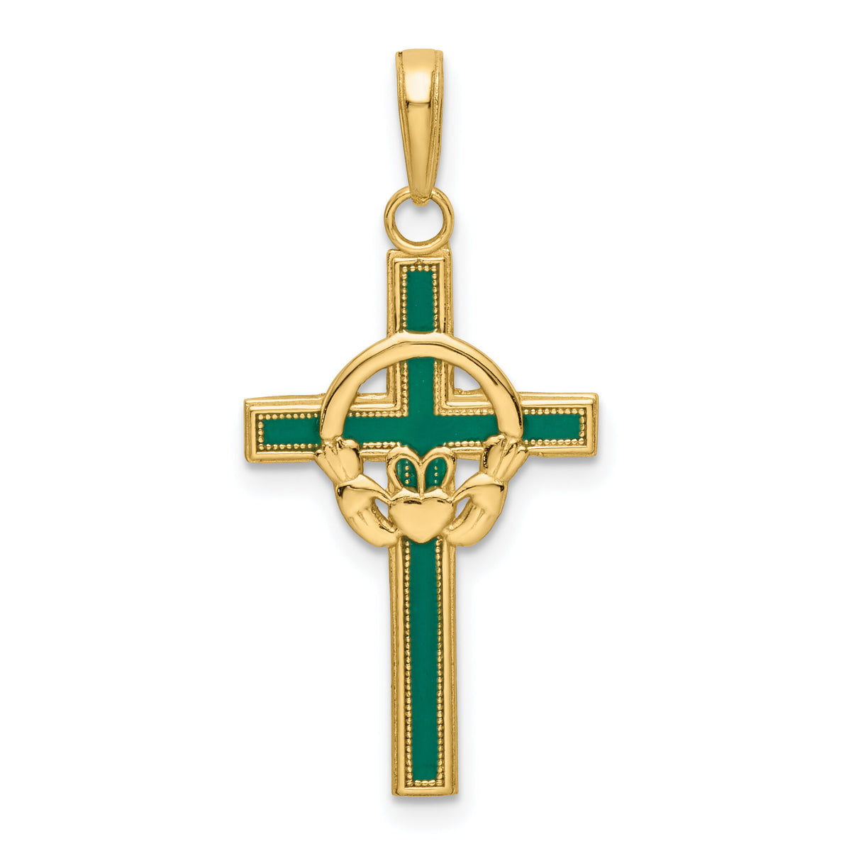 14k Green Enameled Claddagh Cross Pendant-M1338EG
