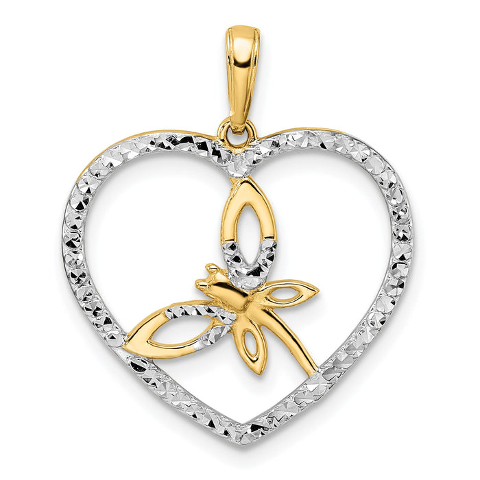 14k and White Rhodium Diamond-cut Dragonfly in Heart Pendant-M2912
