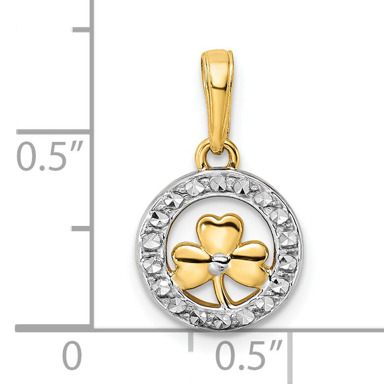 14k and White Rhodium Diamond-cut Clover in Circle Pendant-M2914