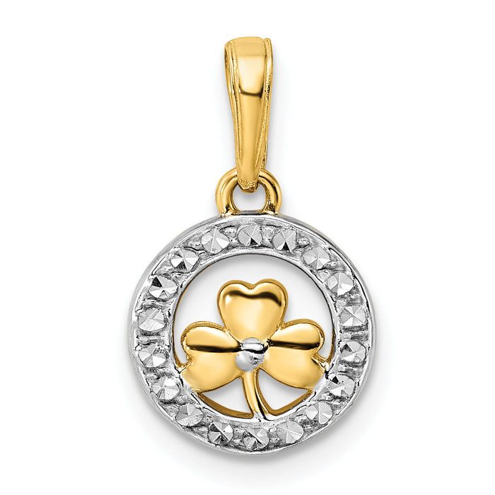 14k and White Rhodium Diamond-cut Clover in Circle Pendant-M2914