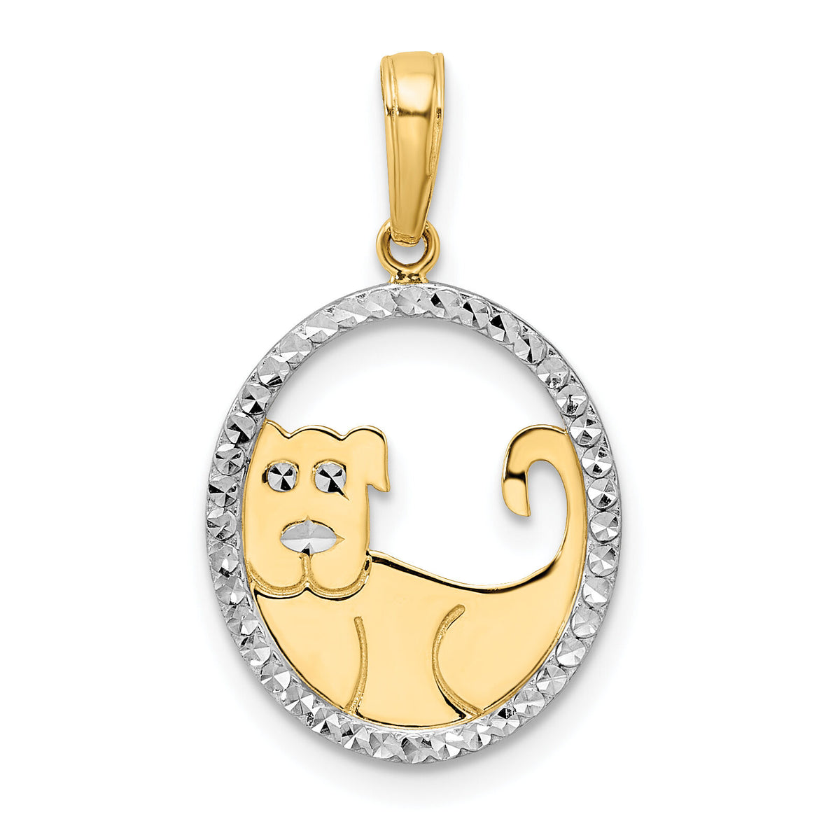 14k and White Rhodium Diamond-cut Dog in Oval Pendant-M2916