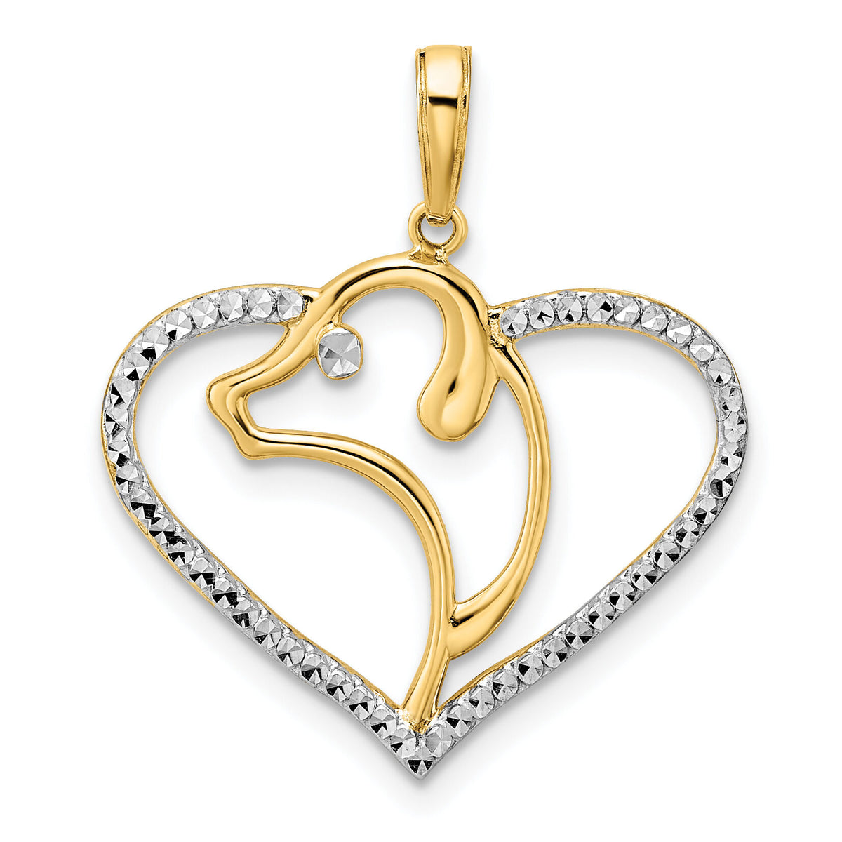 14k and White Rhodium Diamond-cut Dog Head in Heart Pendant-M2919
